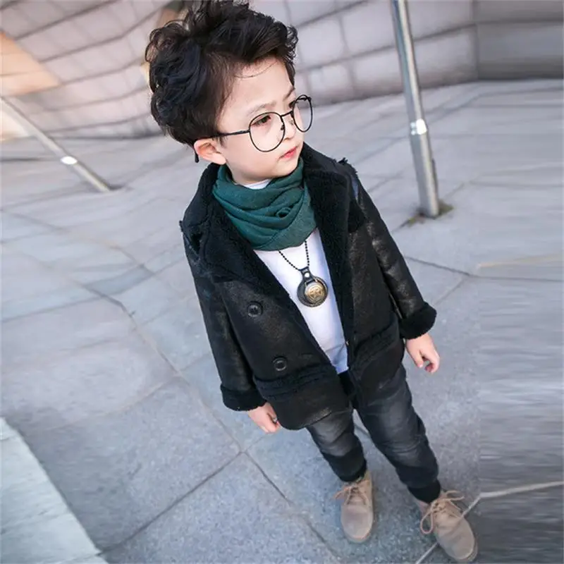 Детская одежда; осенне-зимняя одежда; куртка для мальчиков; детская кожаная куртка с бархатом и замшевой подкладкой - Цвет: black