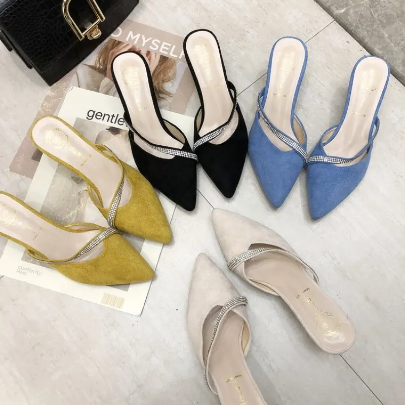 

Mules Mujer 2019 Summer Fashion Women Pointed Toe Slipper Crystal Thin Med Heels Outsides Ladies Slides Beach Mules Shoes