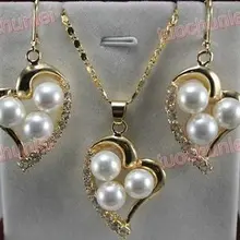 Wholesale_jewelry_wig$ Красивая Удивительные 8 мм Белый Корпус Жемчужина декор Сердце Хрустальными Подвесками Ожерелье, Серьги Набор