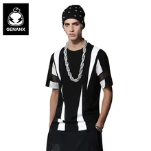 

Genanx Brand Men T Shirt Contrast Color Printed Mesh Irregular Hem Fashion Hip Hop Streetwear Round Neck T Shirt Size M-XXL