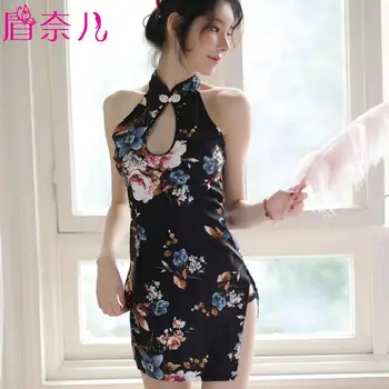 

High-end new sexy lingerie printed cheongsam nightclub tightly packed buttocks cheongsam uniform seductive suit lingerie gown