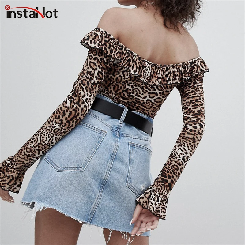 InstaHot Drawstring Ruffle Leopard Sexy Shirt Women Navel V Neck Long Sleeve Crop Top Tie Up Off Shoulder Bardot Clothes Fashion