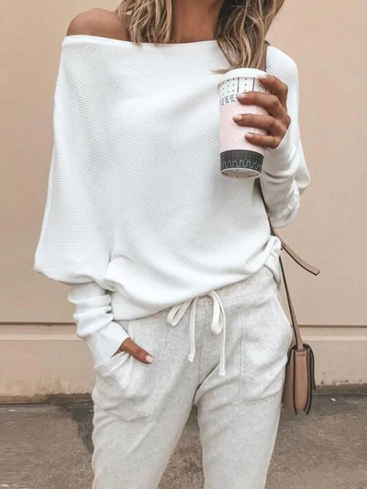 

Batwing sleeve casual loose sweater tops pullover Fashion autumn off shoulder knitted sweater Solid grey white knitwear jumper