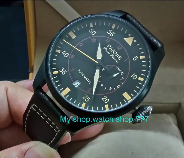 

47mm PARNIS Automatic Self-Wind Mechanical movement men's watch Black dial PVD case power reserve Mechanical watches zd366a