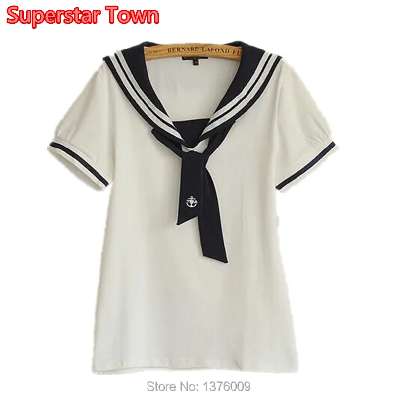 

Harajuku Women Shirts Lovely High School Girls Sailor Collar Tops Kawaii Embroidery Female Summer Casual T Shirt
