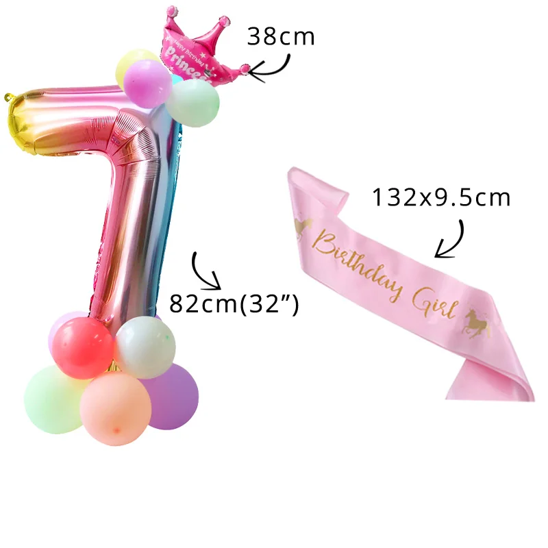 Радужный шар с цифрами, единорог, воздушные шары, единорог, вечерние наборы шариков из фольги, украшения для дня рождения, Детские вечерние шары для мальчиков и девочек - Цвет: balloon sash crown 7