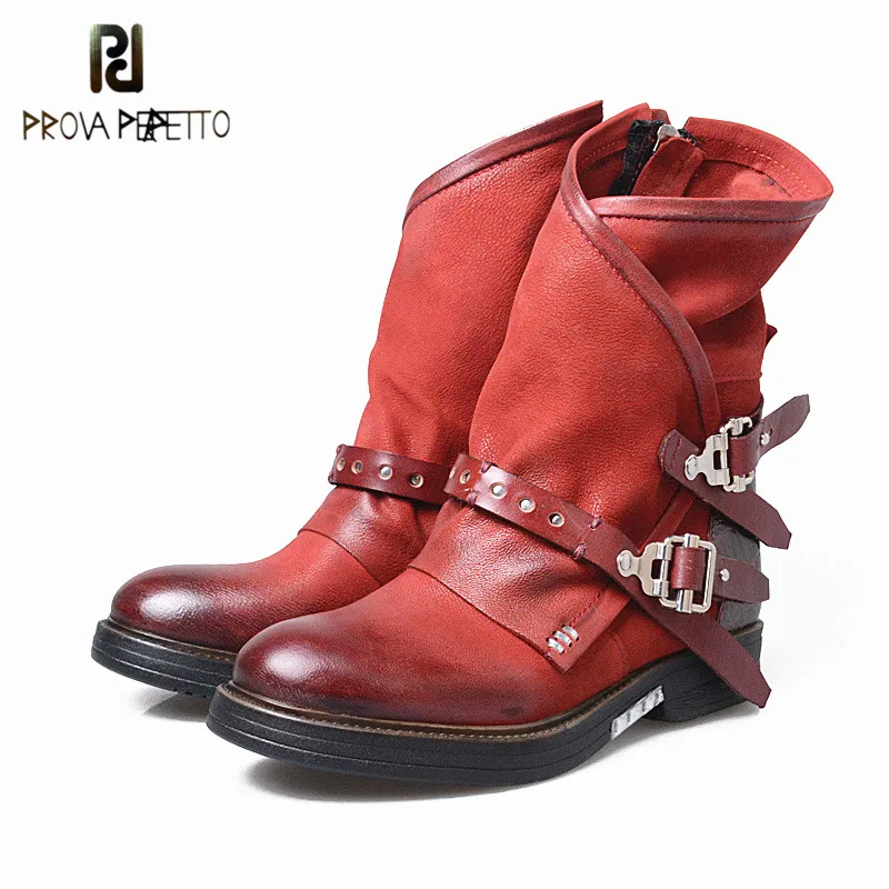 

Prova Perfetto New Arrival England Design Retro Style Buckle Strap Woman Boots Genuine Leather Thickness Bottom Chelsea Boots