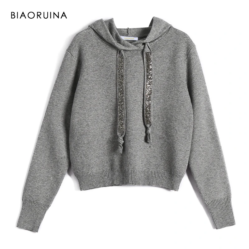  BIAORUINA Women Classic All-match Casual Knitted Sweatshirt Female Fashion Vintage Hoodies Chic Sas