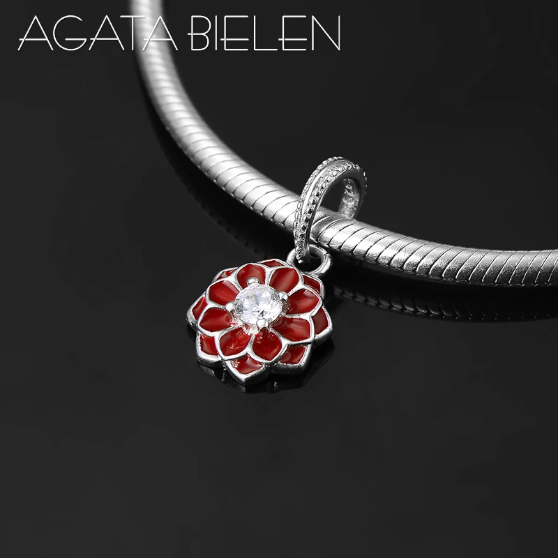 

925 Sterling Silver beautiful red Enamel lotus flowers clear CZ Pendant Beads Fit Original Pandora Charm Bracelet Jewelry making