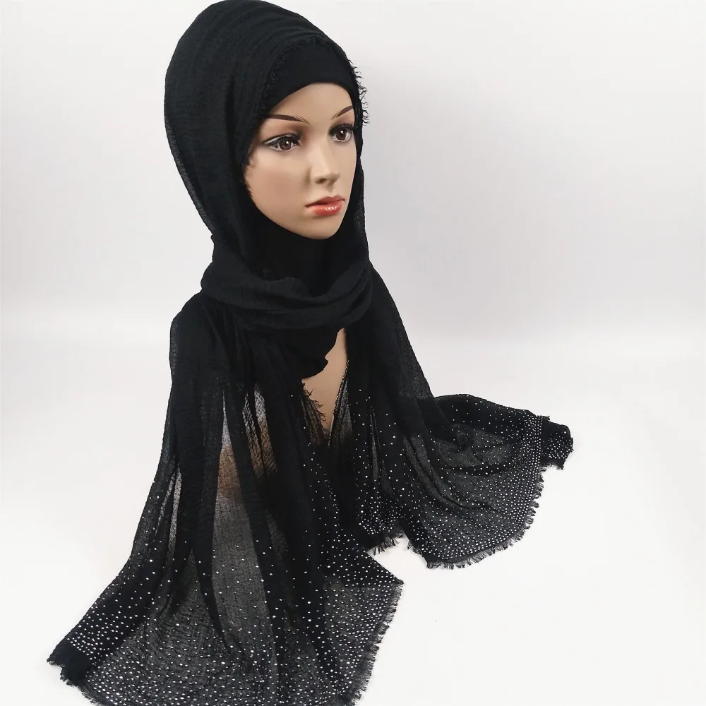 K9 Для женщин однотонные бриллиант бусины шарф из хлопка жемчуг серебро шарфы мягкое оголовье с запахом кашне в мусульманском стиле шали 180*90 см