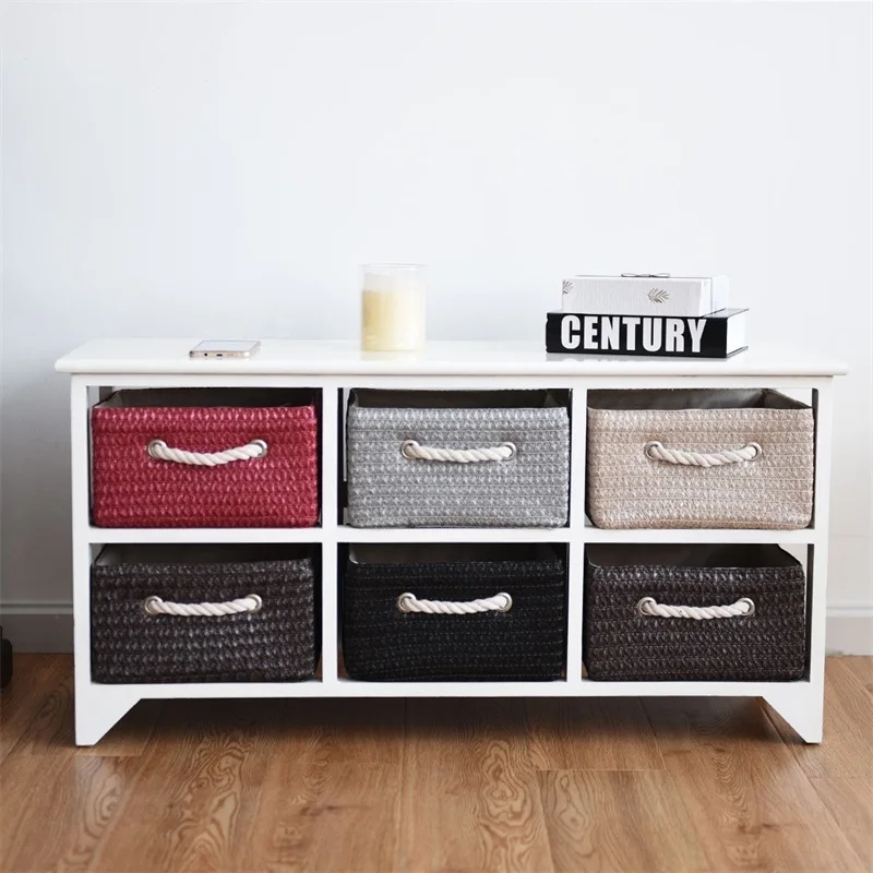 

White Wooden Basket Storage Chest with 6 Drawer PVC Rattan Wicker Baskets Home Sundries Storage Organization HW59523