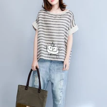 С обеих сторон кошки Китти полосатый хлопок с расклешенными рукавами Повседневная льняная Футболка женская Винтажная Футболка Топ