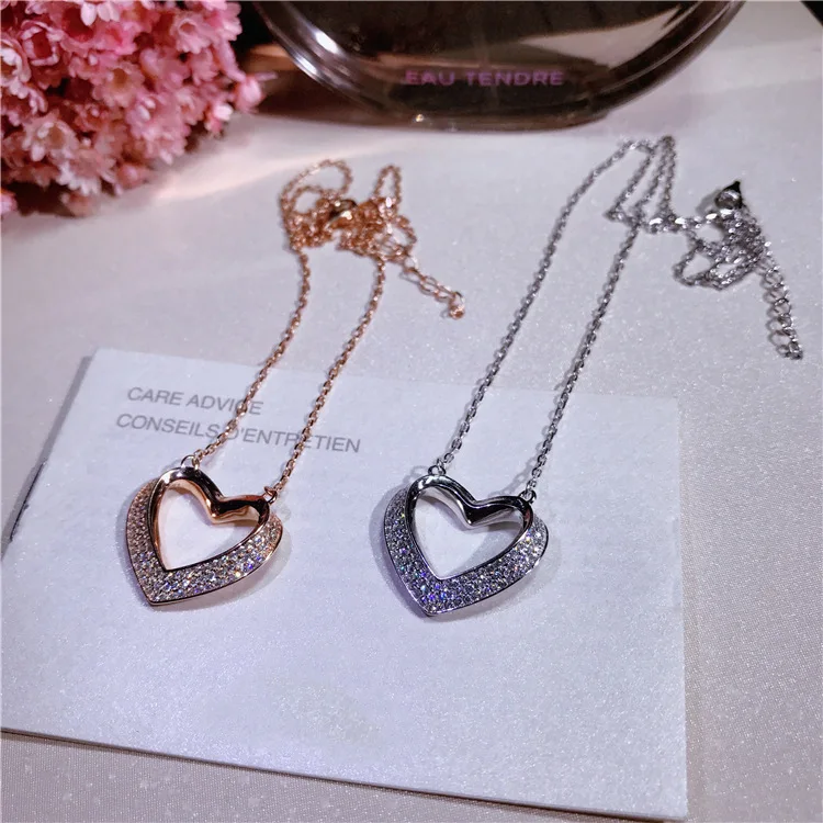 

New Fashion Micro-Inlay Full of Rhinestone heart Necklace Personality Matching S925 Sterling Silver Peach Heart Necklace Silver