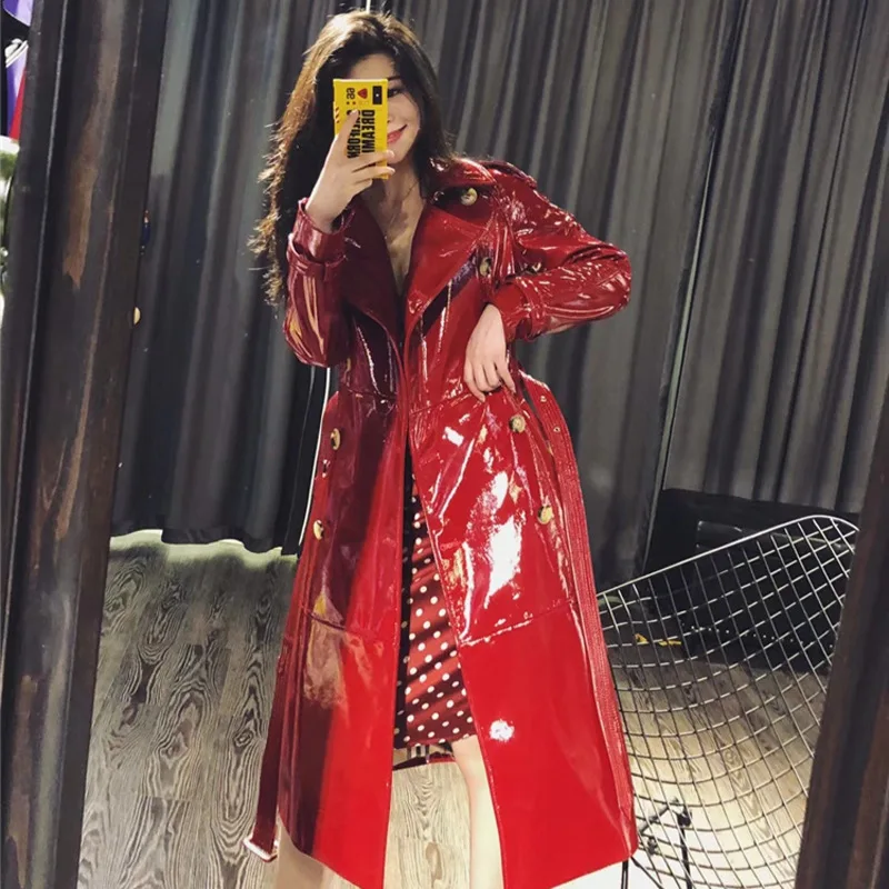 

2019 Autumn Winter Women Brand New Sheepskin Genuine Leather Long Trench Coats Double Breasted Belt Patent Leather Coat W1771