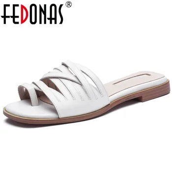 

FEDONAS New Summer Top Quality Genuine Leather Women Sandals Shallow Slip on Low Heels Slippers Rome Party Casual Shoes Woman