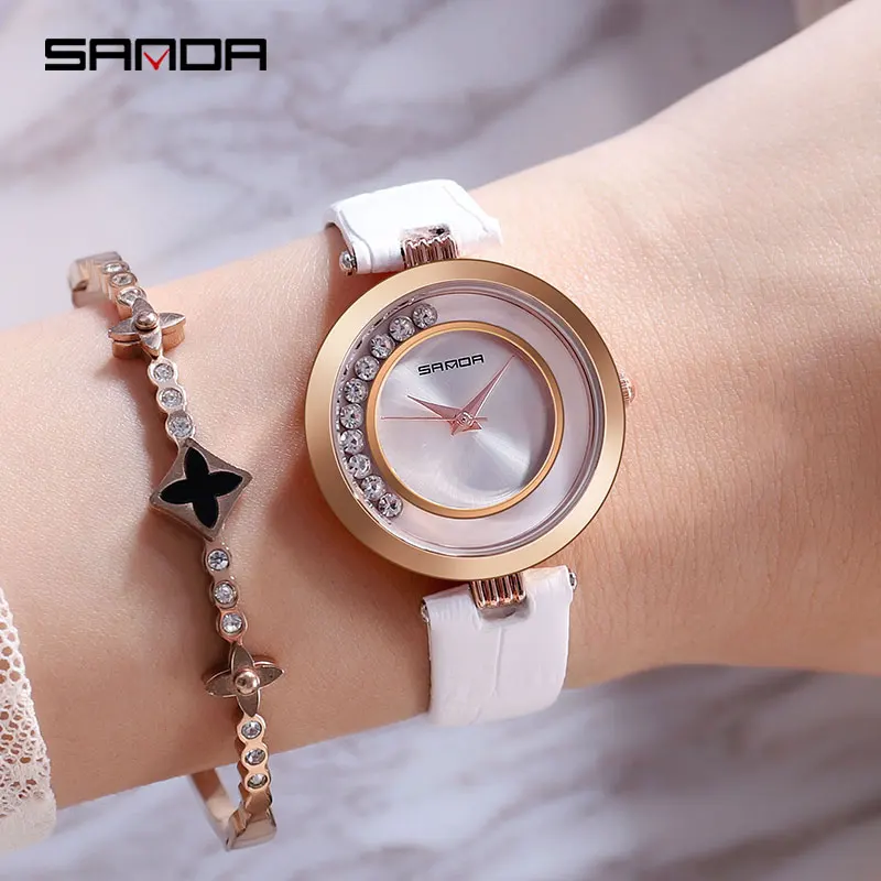 

2018 SANDA Simple Rhinestone Watches Women Fashion Dress Ladies Watches Small Bracelet Leather Female Clock relogio feminino 245