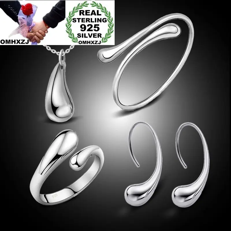 

OMHXZJ Wholesale Personality Fashion Woman Water Drop 925 Sterling Silver Stud Earrings+Ring+Necklace+Bracelet Jewelry Set SE18