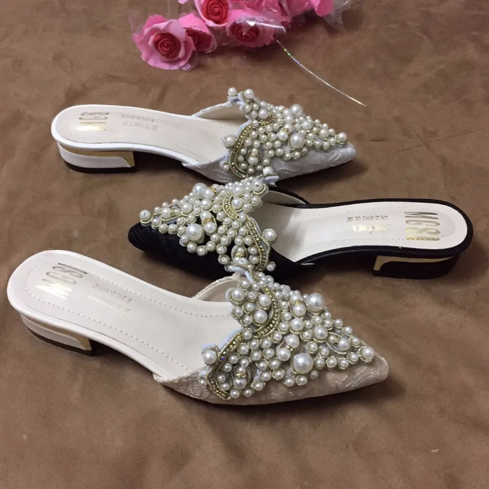 

Handmade Shoes Pearl Slippers Woman Beading String Mules Pointed Toe Sandals Home Slides Women Beaded Slippers Summer Flipflops