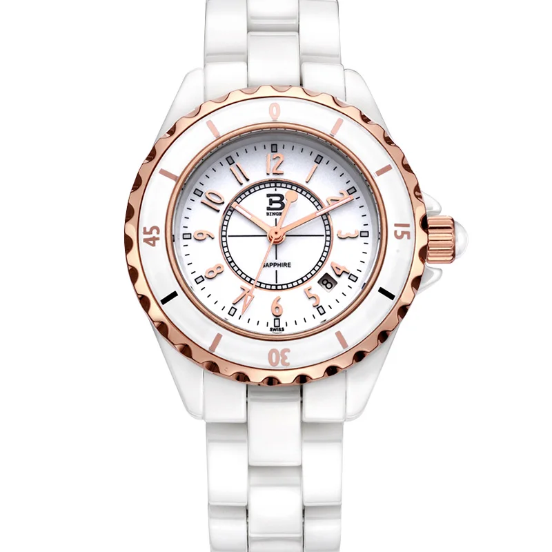 Натуральная Швейцария BINGER брендовые керамические женские кварцевые часы модные женские Стразы с бриллиантами водонепроницаемые кварцевые часы BBPS - Цвет: 08