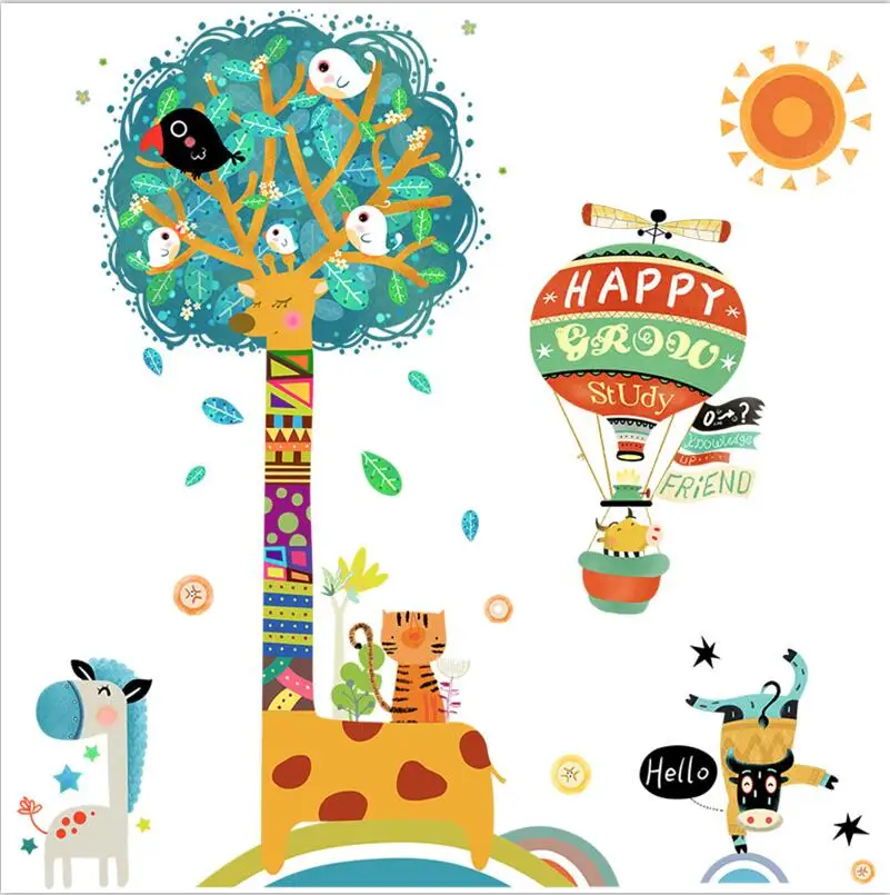 Животные, дерево, настенные наклейки для детской комнаты, птица, жираф, Детская Наклейка на стену, декор для детской комнаты - Цвет: Многоцветный