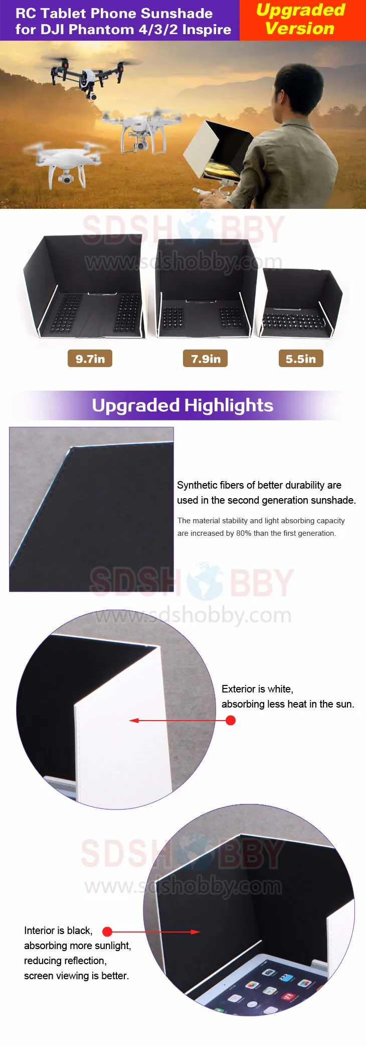 Aerial Photograph 5.5in Smartphone Sunshade 7.9in 9.7in Tablet Sunshade Sun Hood For DJI Inspire 1 DJI Phantom 4/3/2