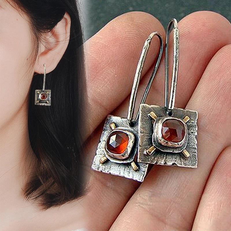 

2019 new 1pair vintage Red Square Ear Drop Earrings Ethnic Hook Dangle Studs Earrings for Women