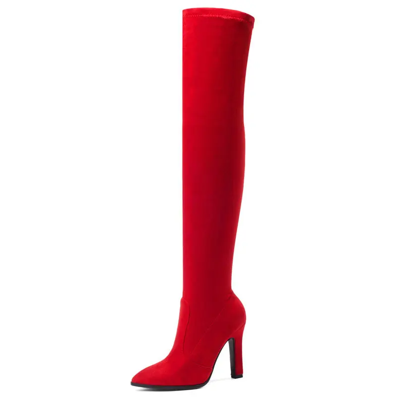 Модные ботфорты на высоком квадратном каблуке женские пикантные эластичные сапоги с острым носком, женские сапоги выше колена красного, черного, винного цвета - Цвет: Красный