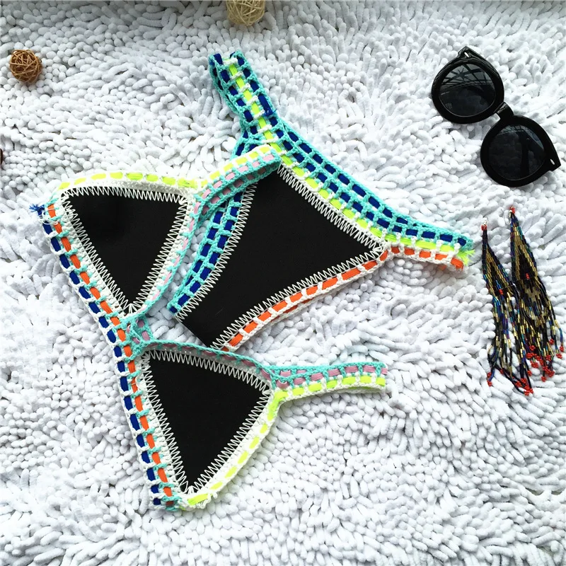 Micro Bikini 2021 Women Handmade Crochet Knit Swimwear Halter Patchwork Bathing Suit Swimsuit Biquini Thong Bikini traje de bano swimwear
