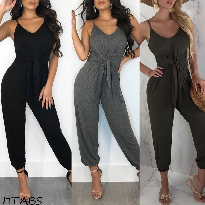 Summer new Women Casual Loose Solid Gray Black Jumpsuit Sleeveless Backless Playsuit Trousers Overalls