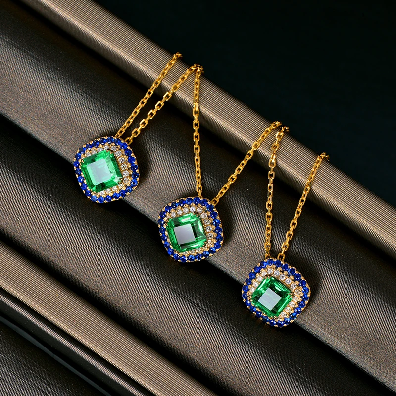 Caimao Lovely Antique Emerald Pendant Natural Diamond and Sapphire Surround Solid 14kt Yellow Gold