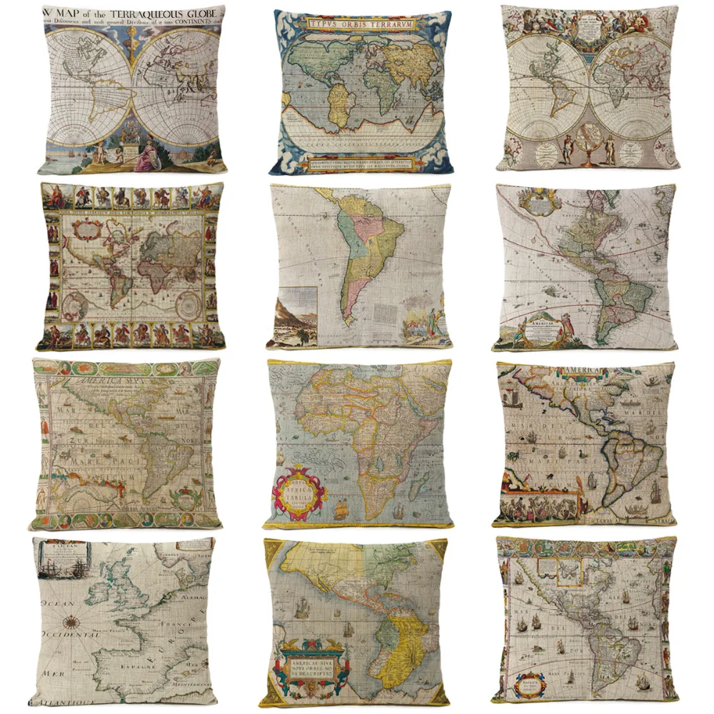 Retro Ancient World Map Pillow Cushion Cover Home Decorative Office