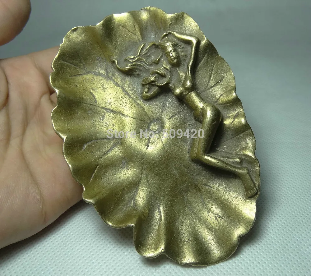 

11CM Chinese Bronze Art Female Beauty Belle Goddess Statue In Lotus Leaf Plate