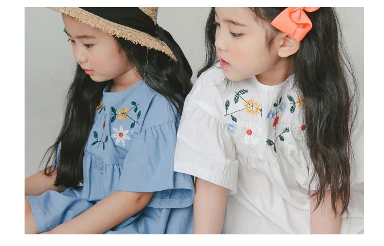 cotton embroidery girls summer dress flare sleeves princess summer girl dresses solid white blue kids clothing  4 5 6 7 8 9 10 11 12 13 14  years old little big teenage girls summer dress cotton  (14)