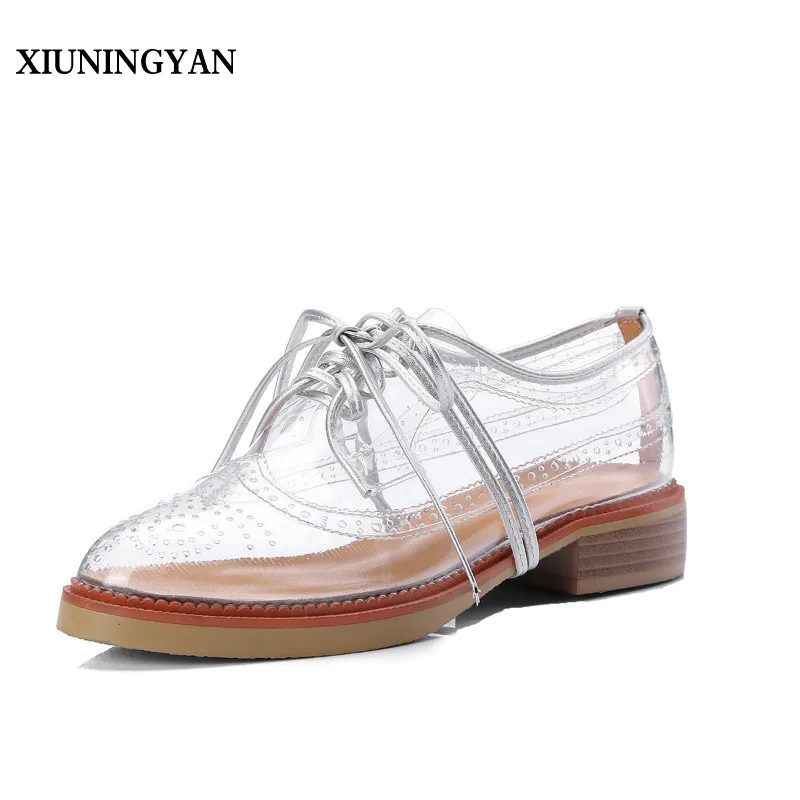 

XIUNINGYAN Cow Leather New Spring Summer Brogue Shoes Woman Transparent Color Women Platform Oxfords Cut-outs Flat Casual Shoes