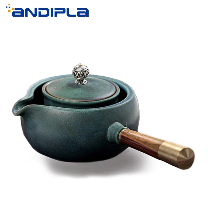 

320ml Japanse Elegant Green Coarse Pottery Wooden Side Handle Teapot Ceramic Kung Fu Tea Set Tea Maker Pot Vintage Home Decor
