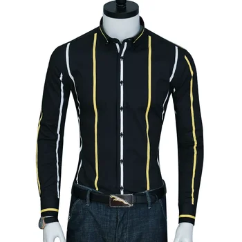 

CAIZIYIJIA 2019 New Designer Long Sleeve Camisa Masculina Fashion Striped Dress Shirt Men Casual Slim Fit Cotton Business Shirts