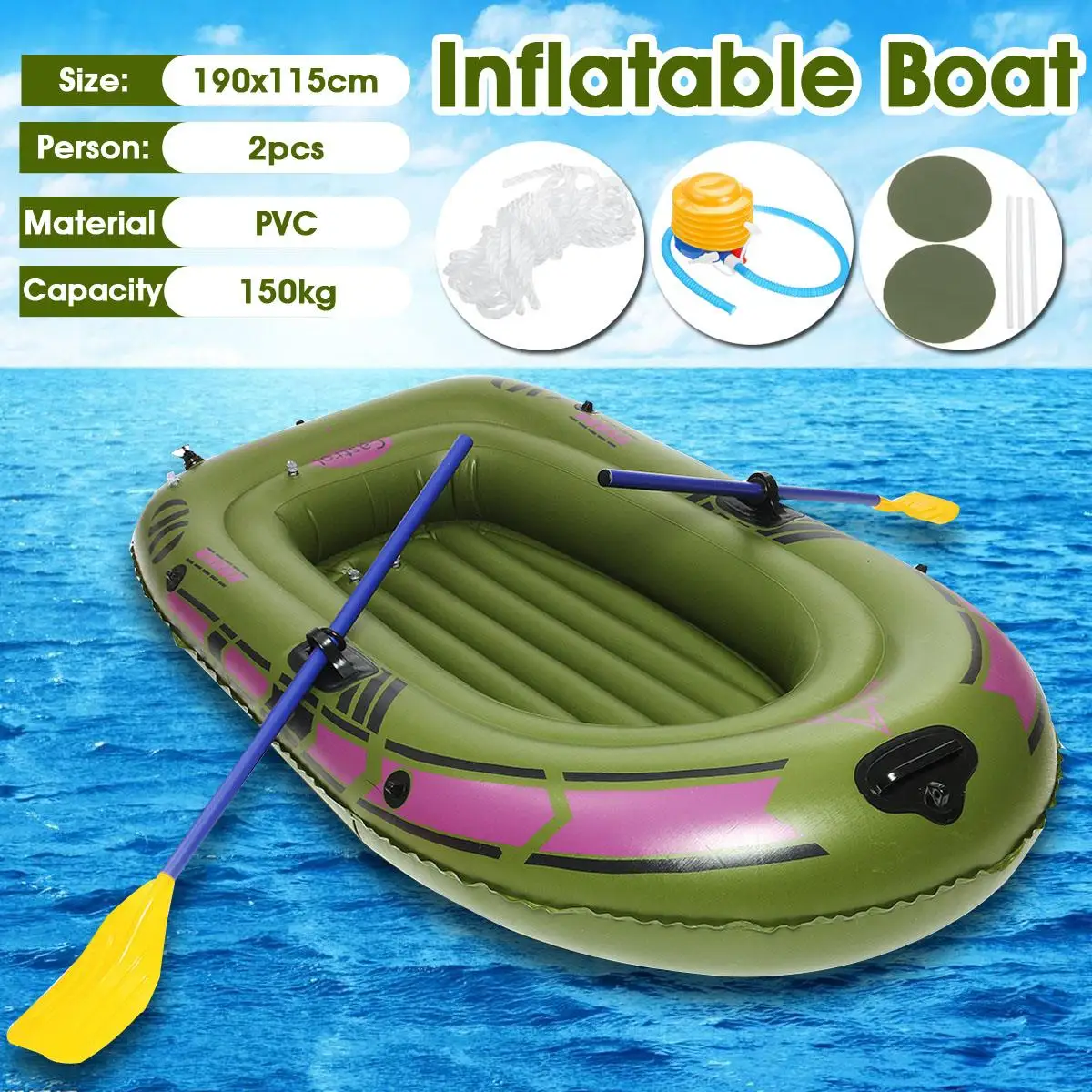 

190x115cm 2 Person Inflatable Boat Kayak PVC Rubber Fishing Boat With Paddles Pump Ropes Patching Kit For Drifting Water Skiing