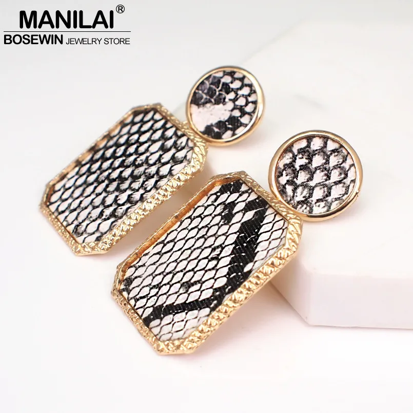 MANILAI ZA Vintage Leather Earrings For Women Geometric Snake Skin Print Dangle Earring Jewelry Female Metal Pendant Earrings