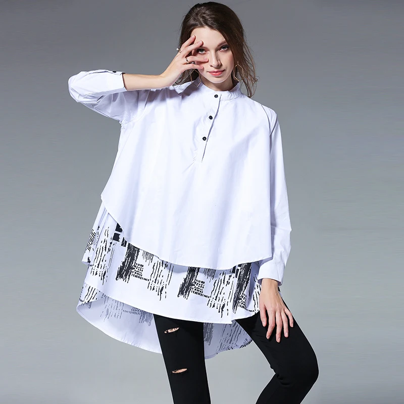 

2019 fashion print women cotton loose blouse plus size spring autumn women casual long shirt white/black/red color