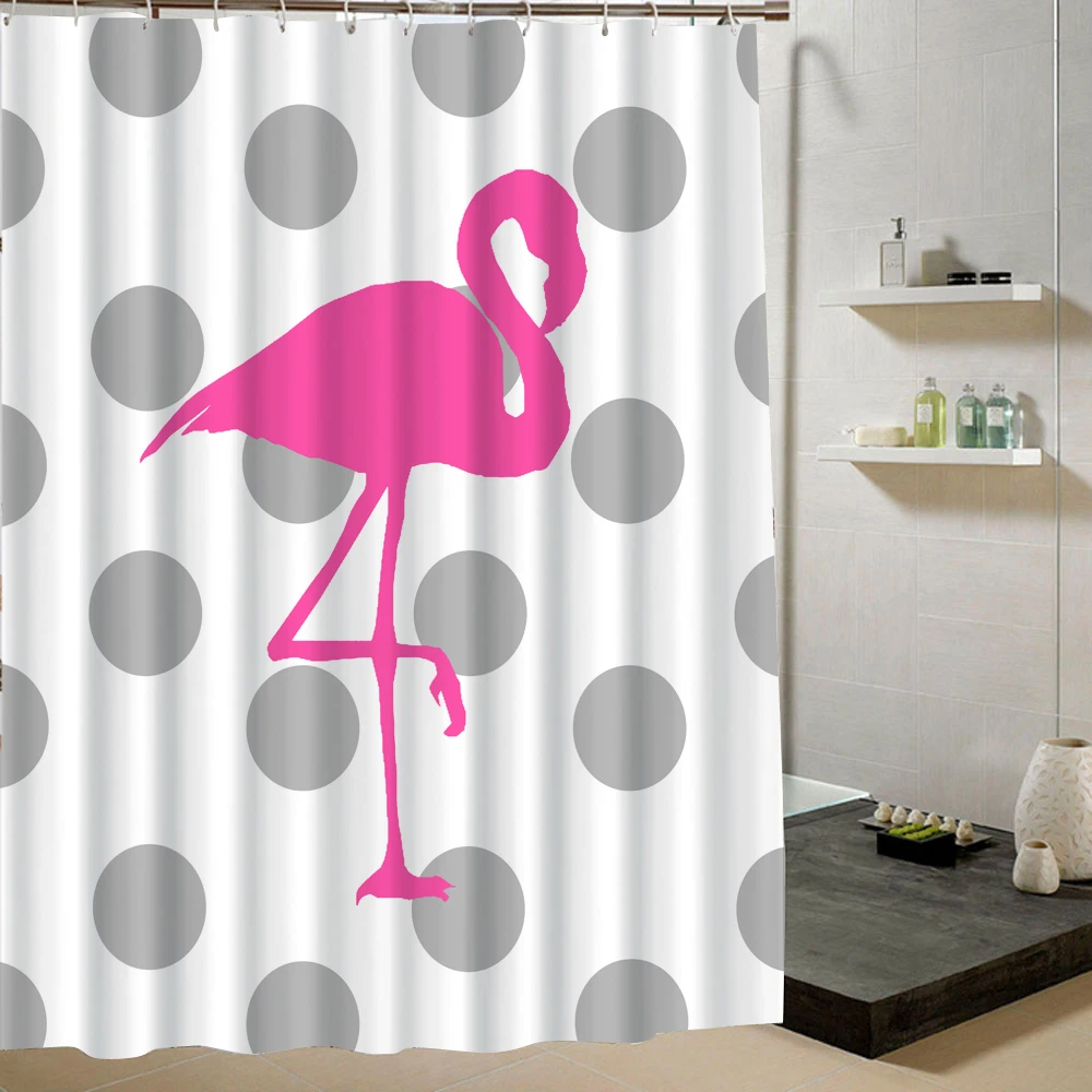3d Flamingo Waterproof Shower Curtain Bathroom Curtain Grey Dot Fabric