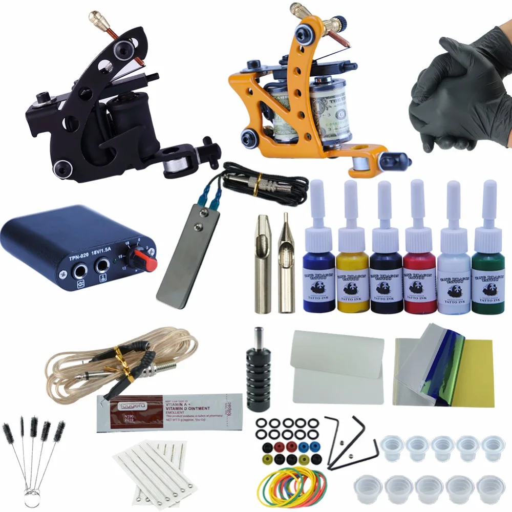 Complete Tattoo Kit 2 Machines Tattoo Gun Set 6 Colors Tattoo Ink Sets