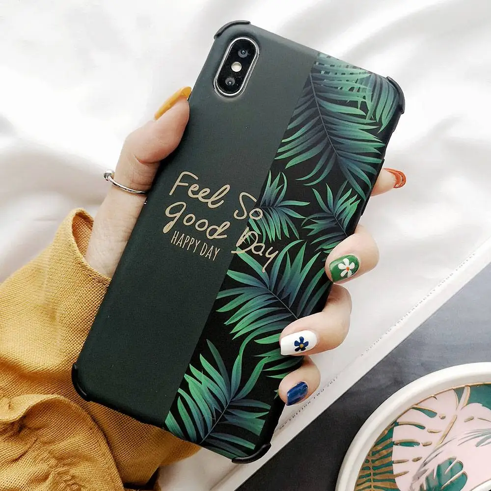 

KISSCASE Vintage Green Leaf Phone Case for iPhone X XR XS MAX 6 6S Plus 7 7Plus 8 8Plus Letters Shockproof Soft IMD Back Cover