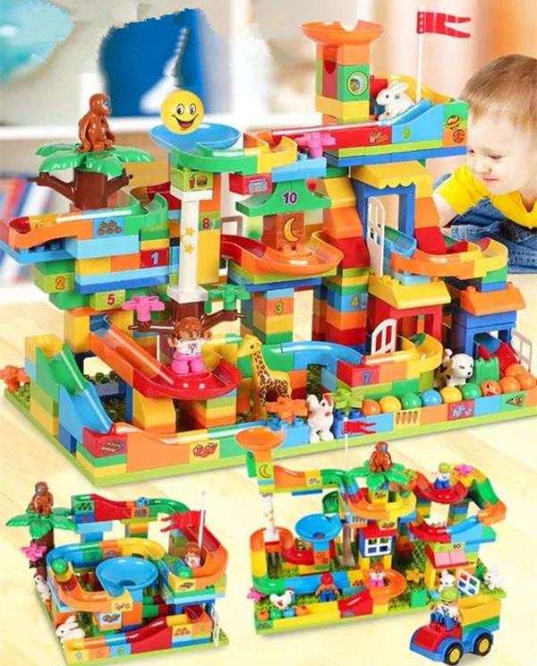 DIY Marble Race Run Maze Balls Track/Forest /Animal/Dinosaur Building Blocks Educational Bricks Compatible with Legoed Duploe 