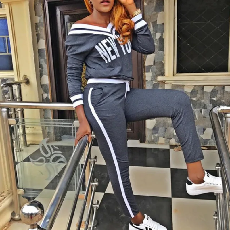 Ciysty Summer Female Tracksuit Long Sleeve V-Neck Sweatshirts Casual Suit Women Clothing Two-piece Tops+Pants Sporting | Женская одежда