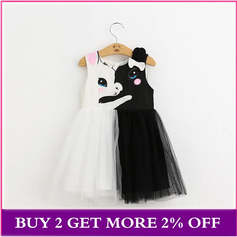Платье для девочек, летняя детская одежда, двухцветное Сетчатое платье принцессы с рисунком кота для девочек, детское свадебное платье для 2-7 лет