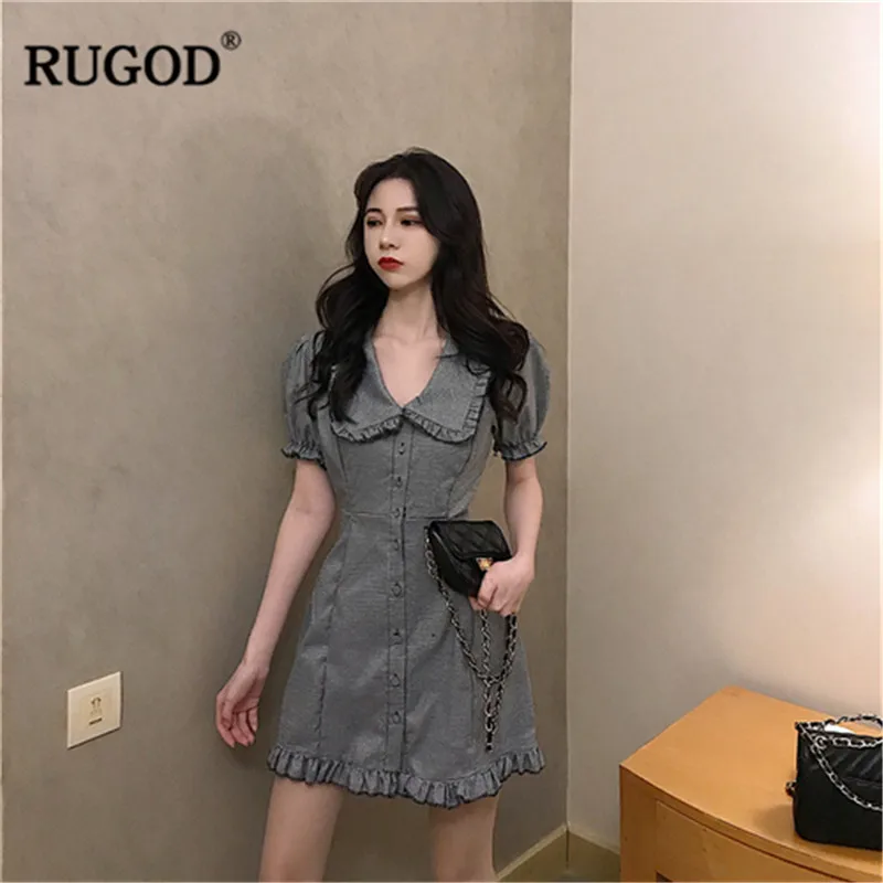 

RUGOD Elegant women dress lattice puff sleeves mini slim peter pan collar single-breasted lace edge office ladies modis vestido