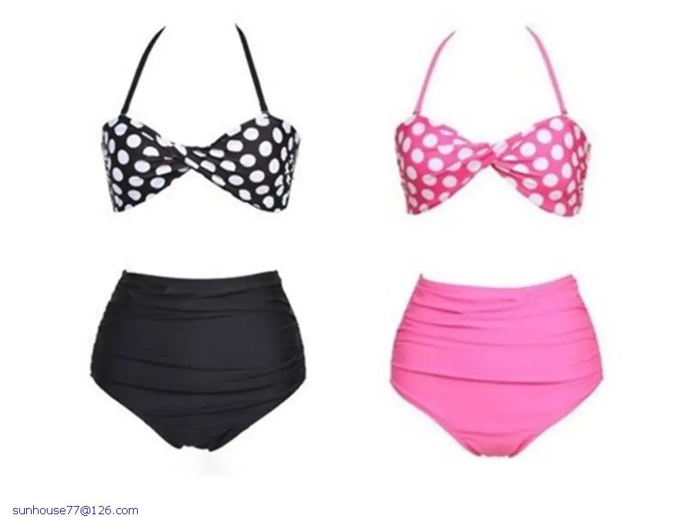 new in Vintage swimwear high waist bikini Black Polka Dot Print Bikini