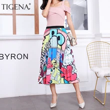 Tigena длинные женские плиссированные юбки средней длины с рисунком из мультфильма, мода, летняя Корейская эластичная юбка с высокой талией, трапециевидная юбка от солнца для женщин