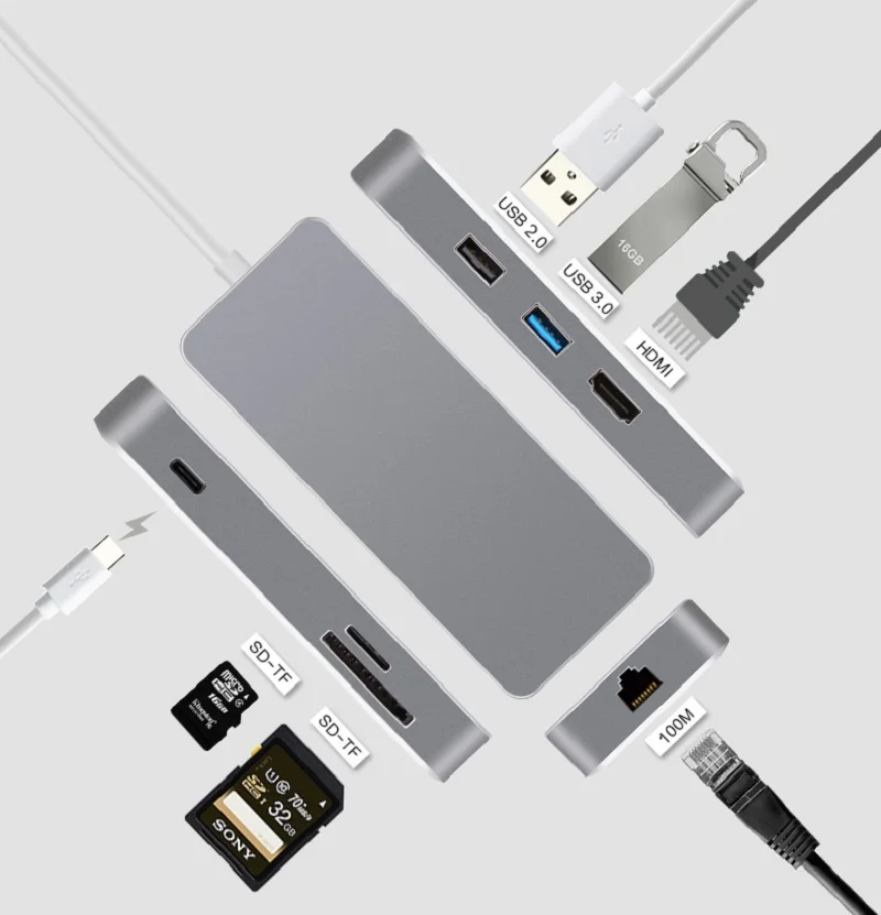 Thunderbolt 3 USB Type c к RJ45 HDMI 4K VGA USB3.0 концентратор TF SD слот C PD женский портативный адаптер