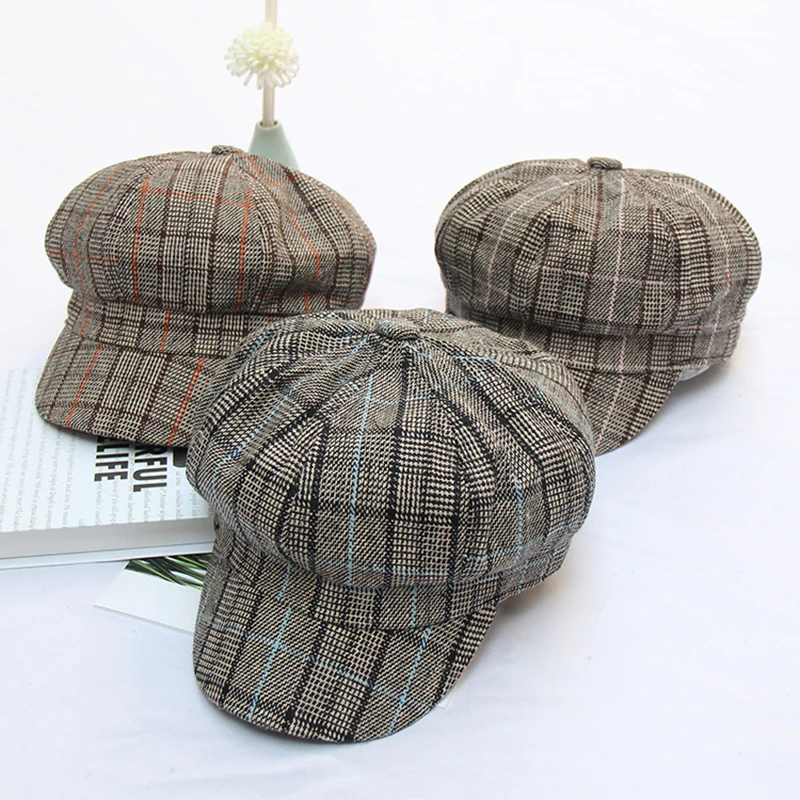 VISROVER модная шляпа в клетку с козырьком осенне-зимний винтажный шерстяной лоскутный берет для женщин в английском стиле шапка с рисунком
